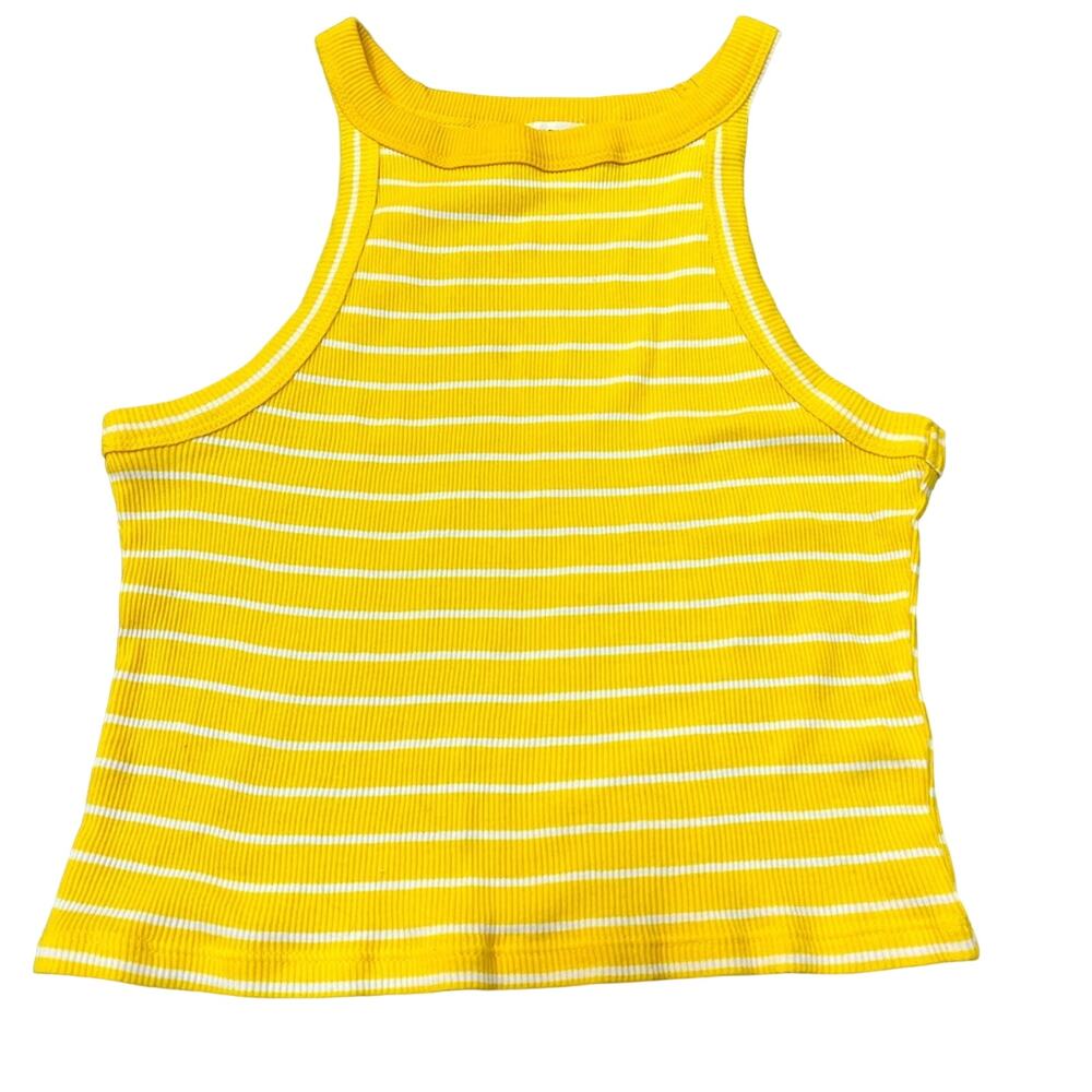 ADC yellow white striped ribbed high neck cropped tank